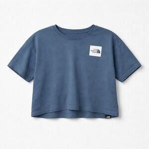 The North Face Activewear Womens Blue Cropped Shirt Logo Short Sleeve Large